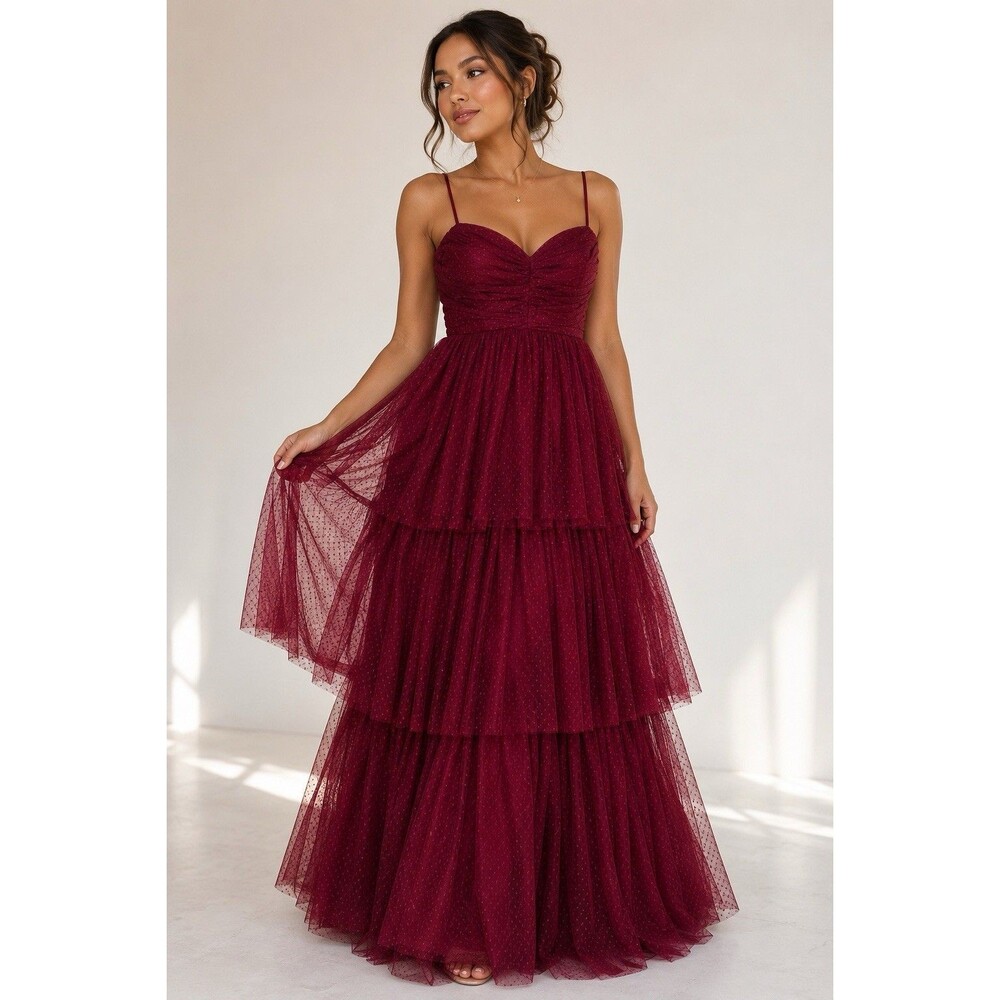 Maniju SZ S Romantic Feminine Burgundy Tulle Tiered Maxi Dress Sweetheart neckli